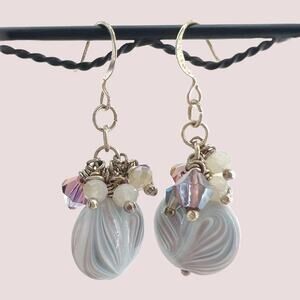 Purple Pearlesque Swirl Crystal Dangle Earrings on Silver Wire